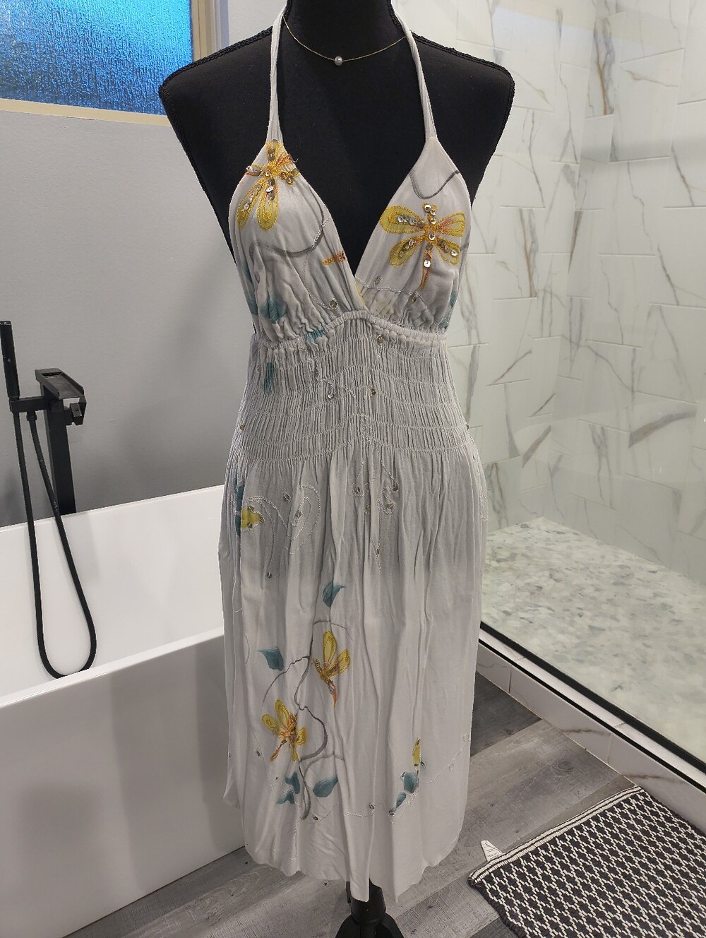 White Halter Midi Dress with Yellow Floral Embroidery